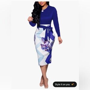 BOGURST Women's Formal Dresses,Women XXL,Blue & White,Elegant Midi Dress Office